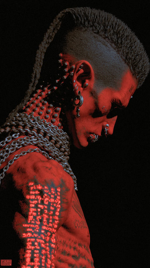 Profile of a red-skinned warrior with glowing arm runes, facial piercings, and heavy chains around his neck.