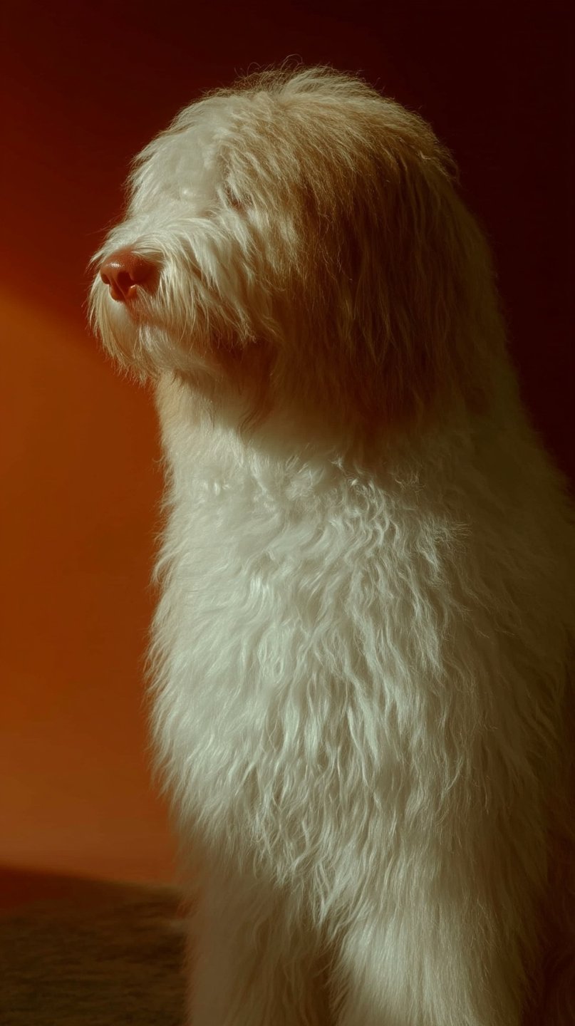 Side profile of a shaggy cream dog illuminated by warm light against a dark orange background.