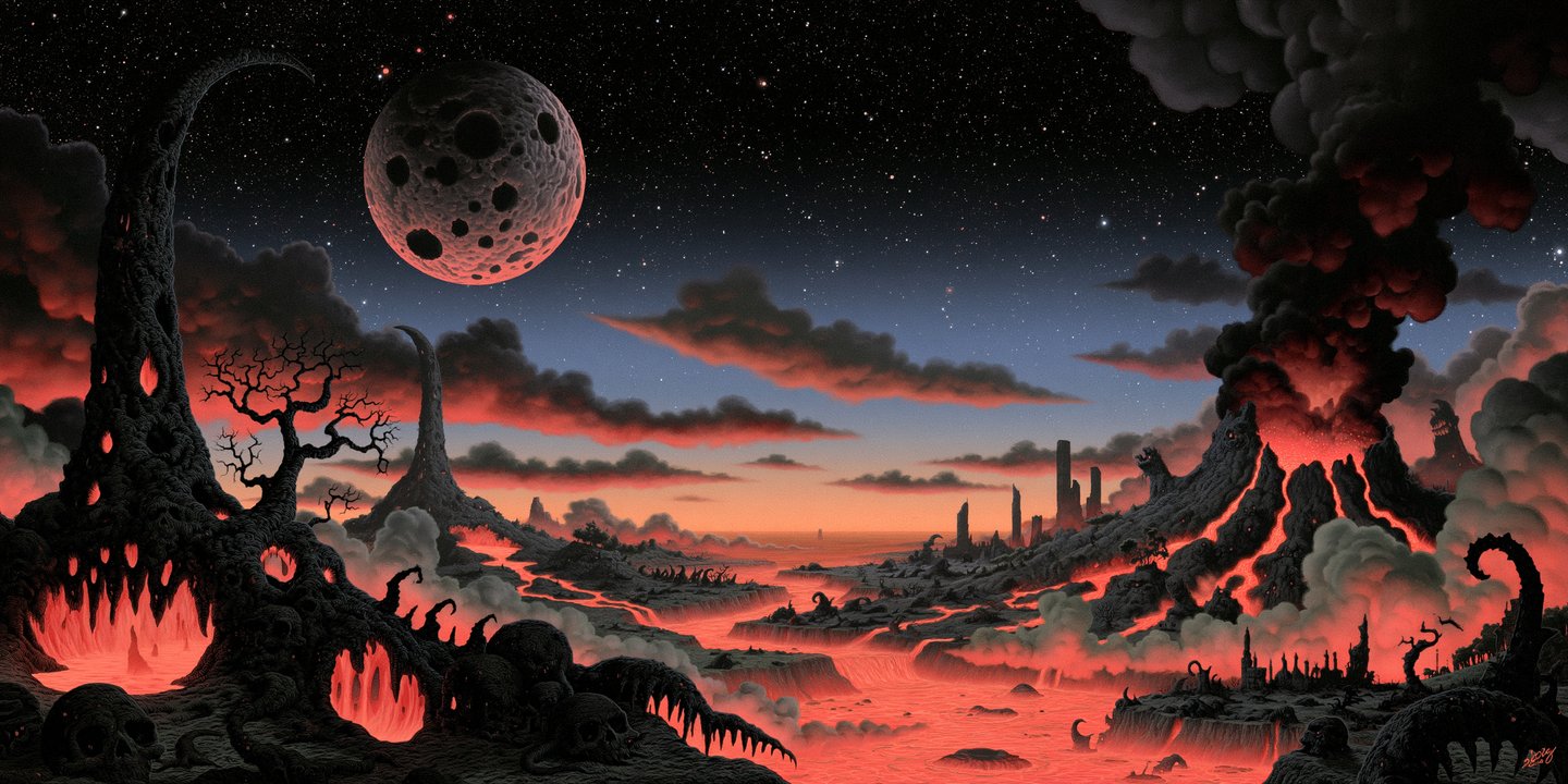 A surreal dark fantasy landscape with an erupting volcano, glowing lava rivers, and a massive cratered moon.