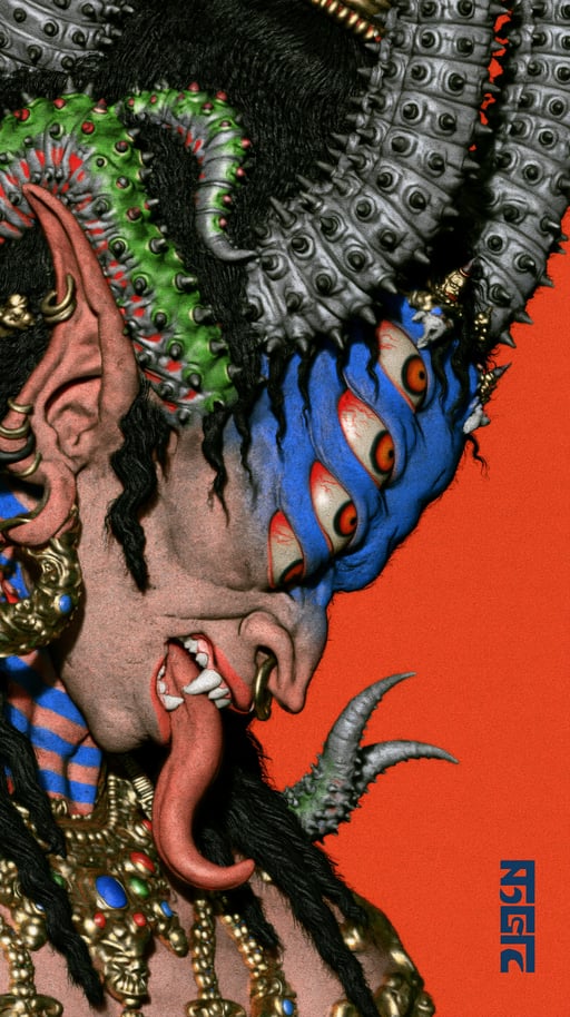 Profile of a blue-skinned, multi-eyed wrathful deity with a long protruding tongue against a solid red background.