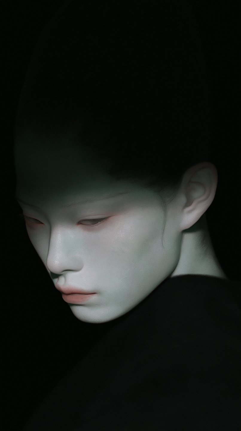 A pale, porcelain-skinned individual looks downward in a dramatic chiaroscuro portrait against a pitch-black background.