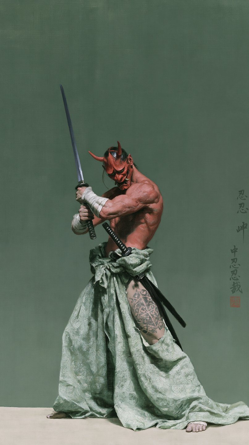 Red-skinned oni warrior in green hakama pants holds a katana aloft against a solid sage background.