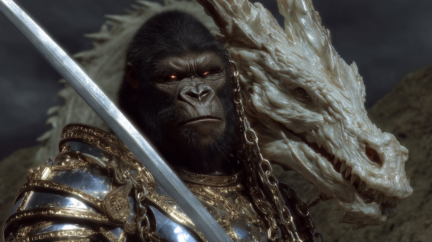 An armored gorilla with glowing red eyes stands beside a massive white dragon head in dramatic lighting.