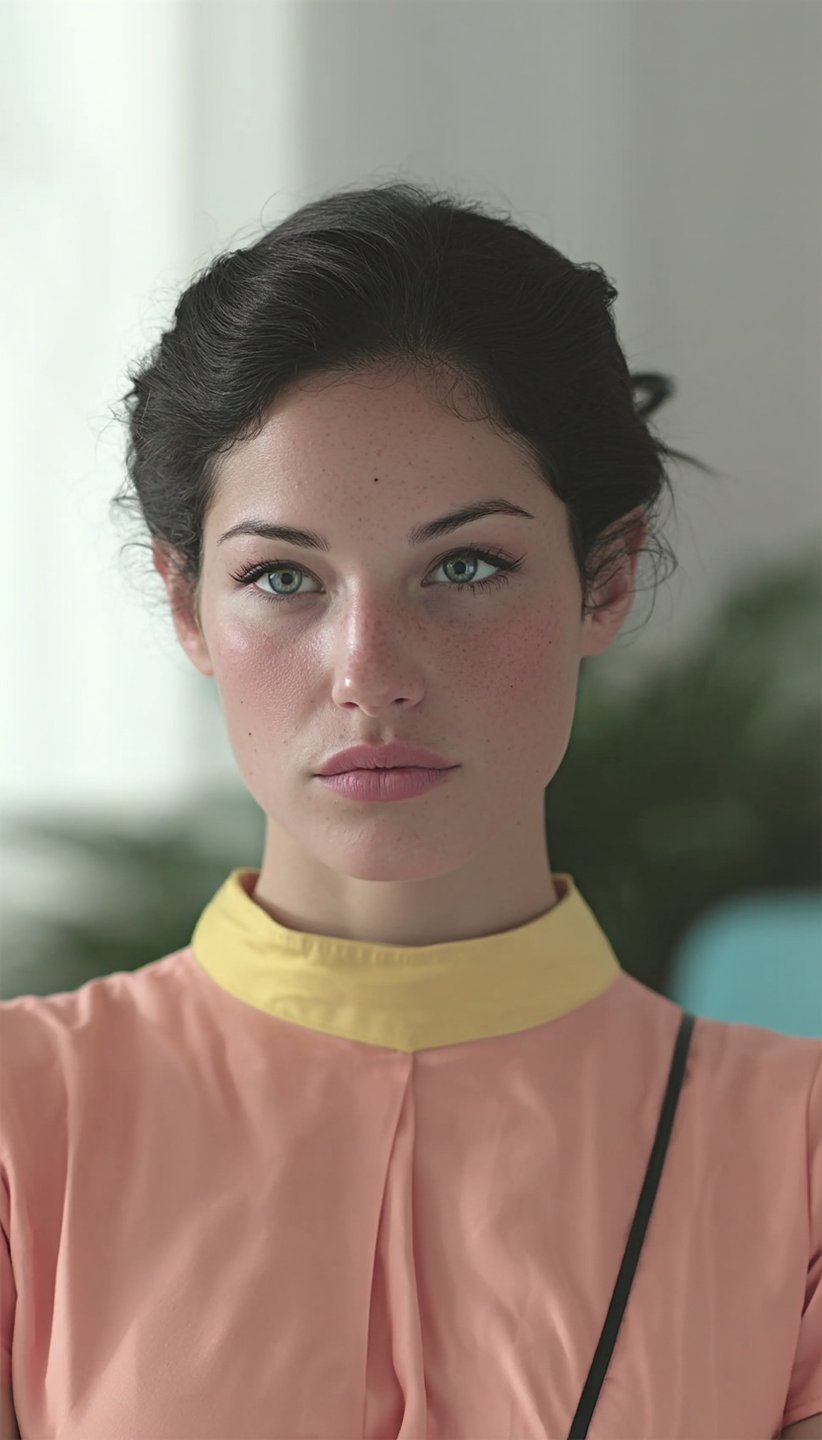 Freckled young woman with green eyes wearing a peach blouse and yellow collar in a cinematic portrait.