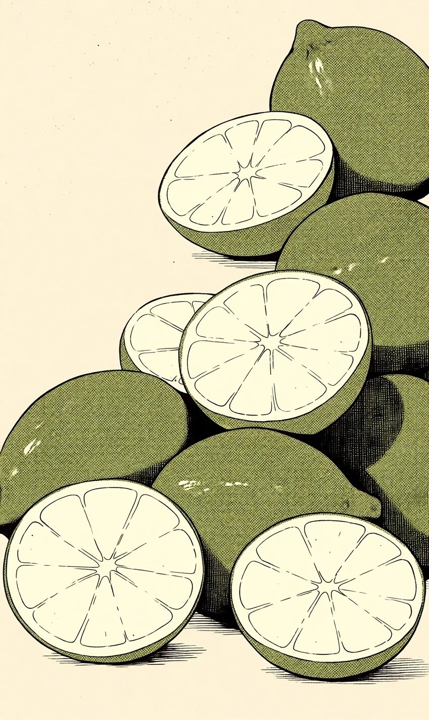 Stacked whole and halved limes in a green and cream halftone vintage illustration style with cross-hatching.