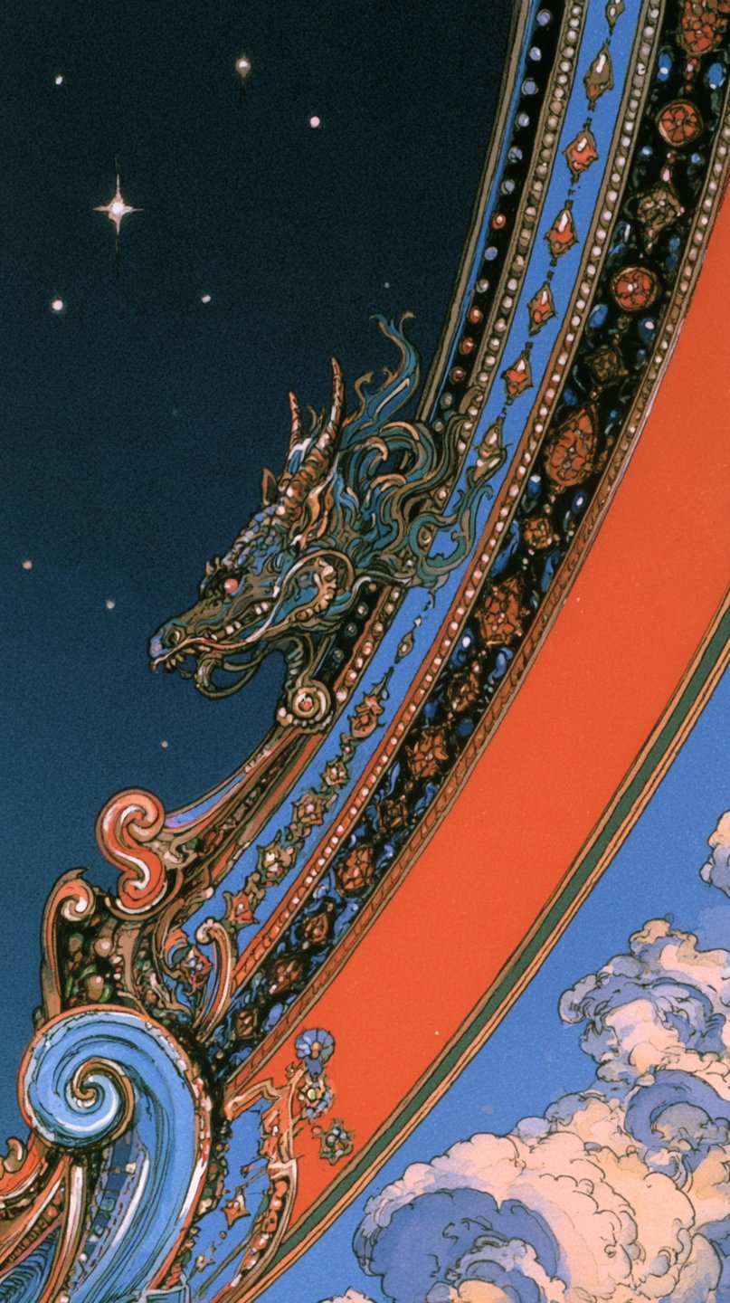 Ornate dragon figurehead on a decorative curved border separating a starry night sky from daytime clouds.