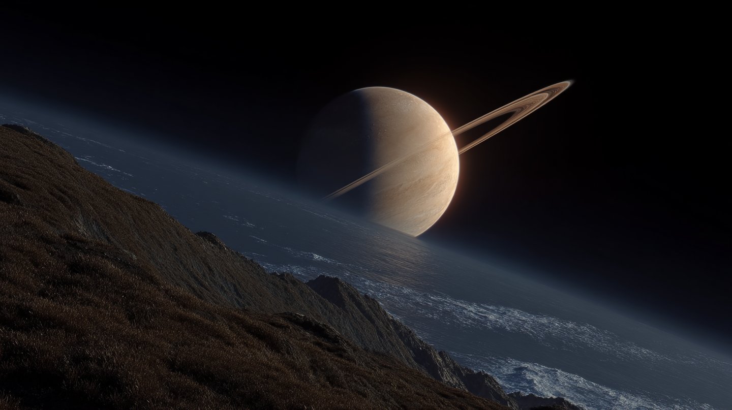 A ringed gas giant looms over a dark, choppy ocean viewed from a rugged mountain ridge.