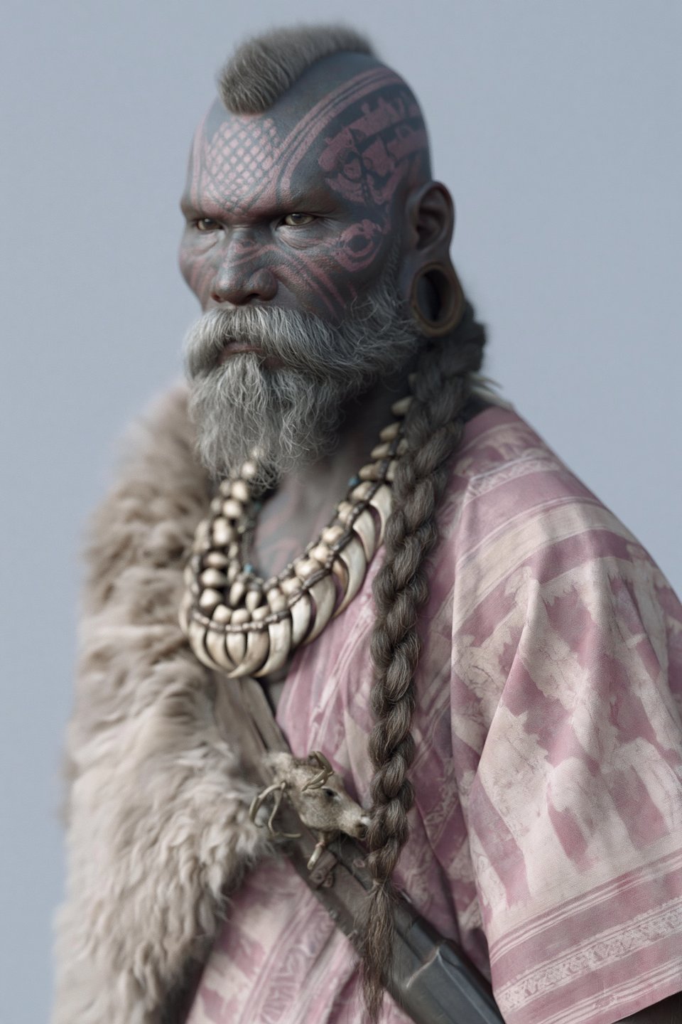 Tattooed tribal warrior with a grey beard, mohawk, claw necklace, and fur mantle looking aside.