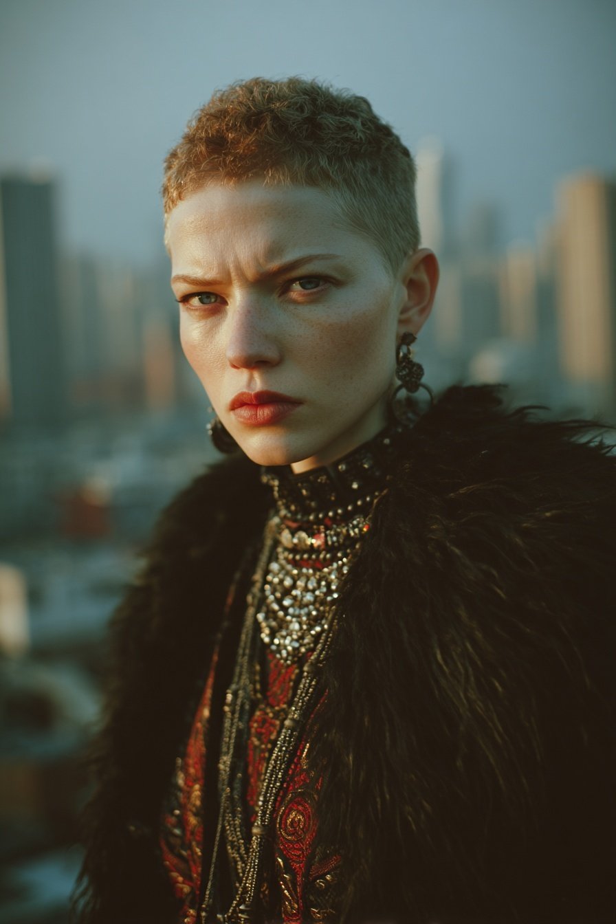 Woman with buzz cut wearing ornate jewelry and fur coat stares intensely against a blurred city background.