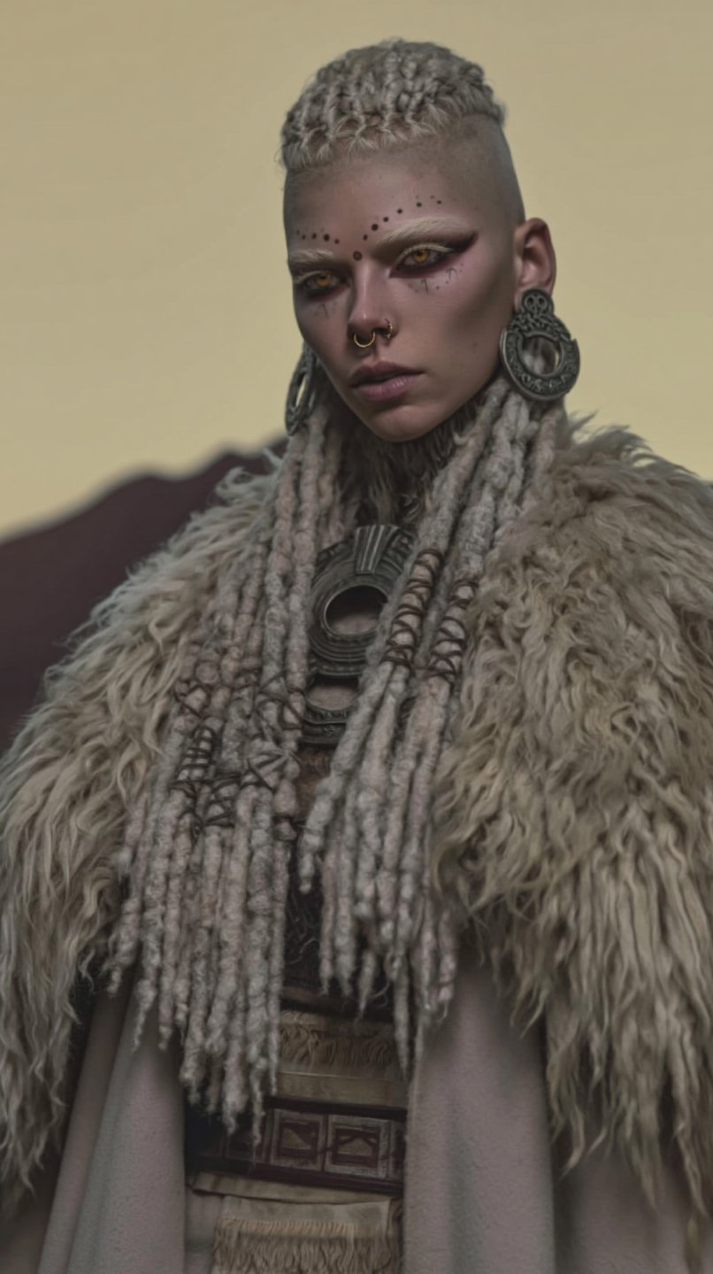 A pale-haired fantasy warrior with facial markings, wearing a shaggy fur mantle and heavy circular earrings.