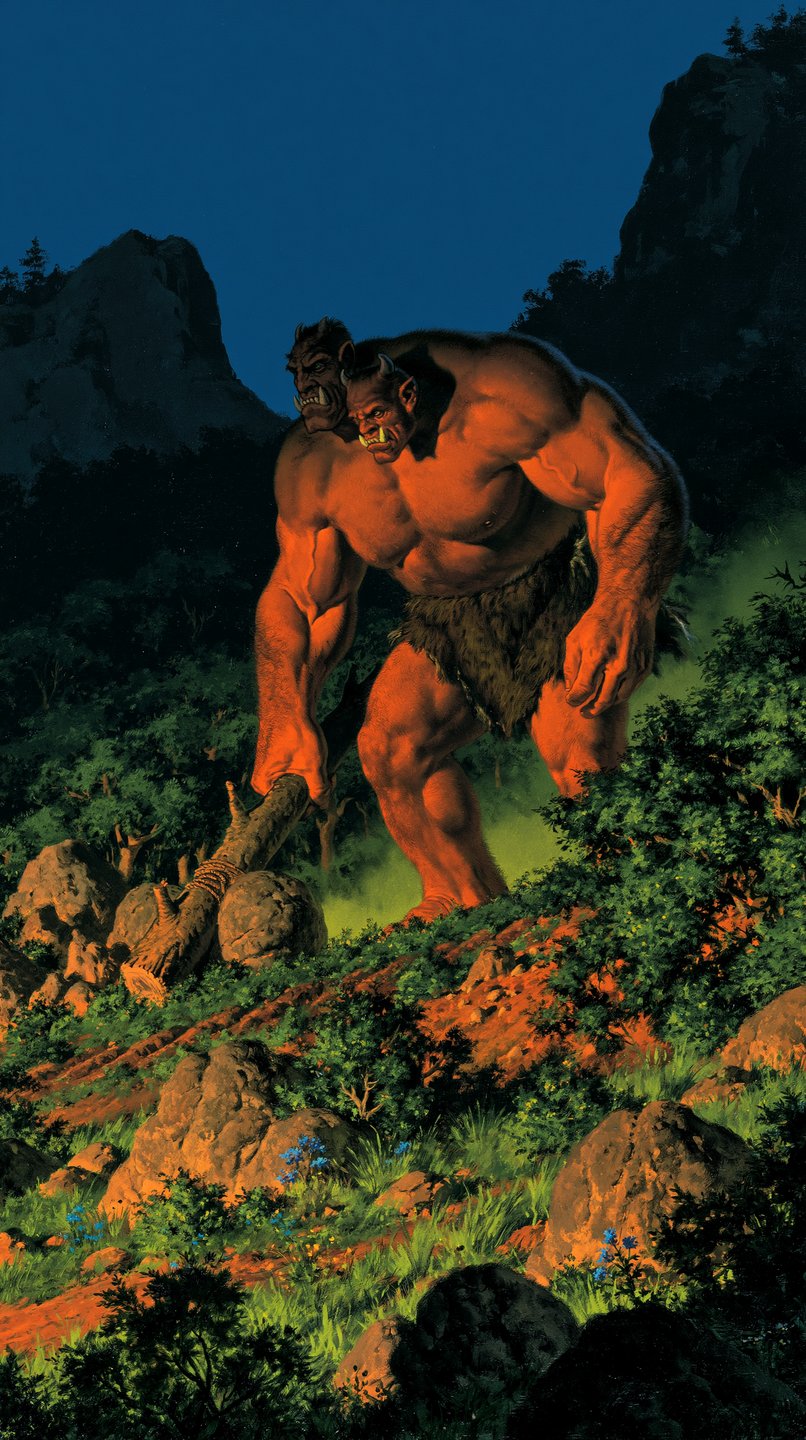 Muscular two-headed giant carrying a stone club treks up a grassy mountain slope at dusk.
