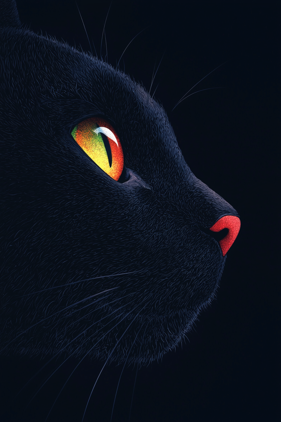 Close-up profile of a black cat with a glowing amber eye and pink nose against a black background.