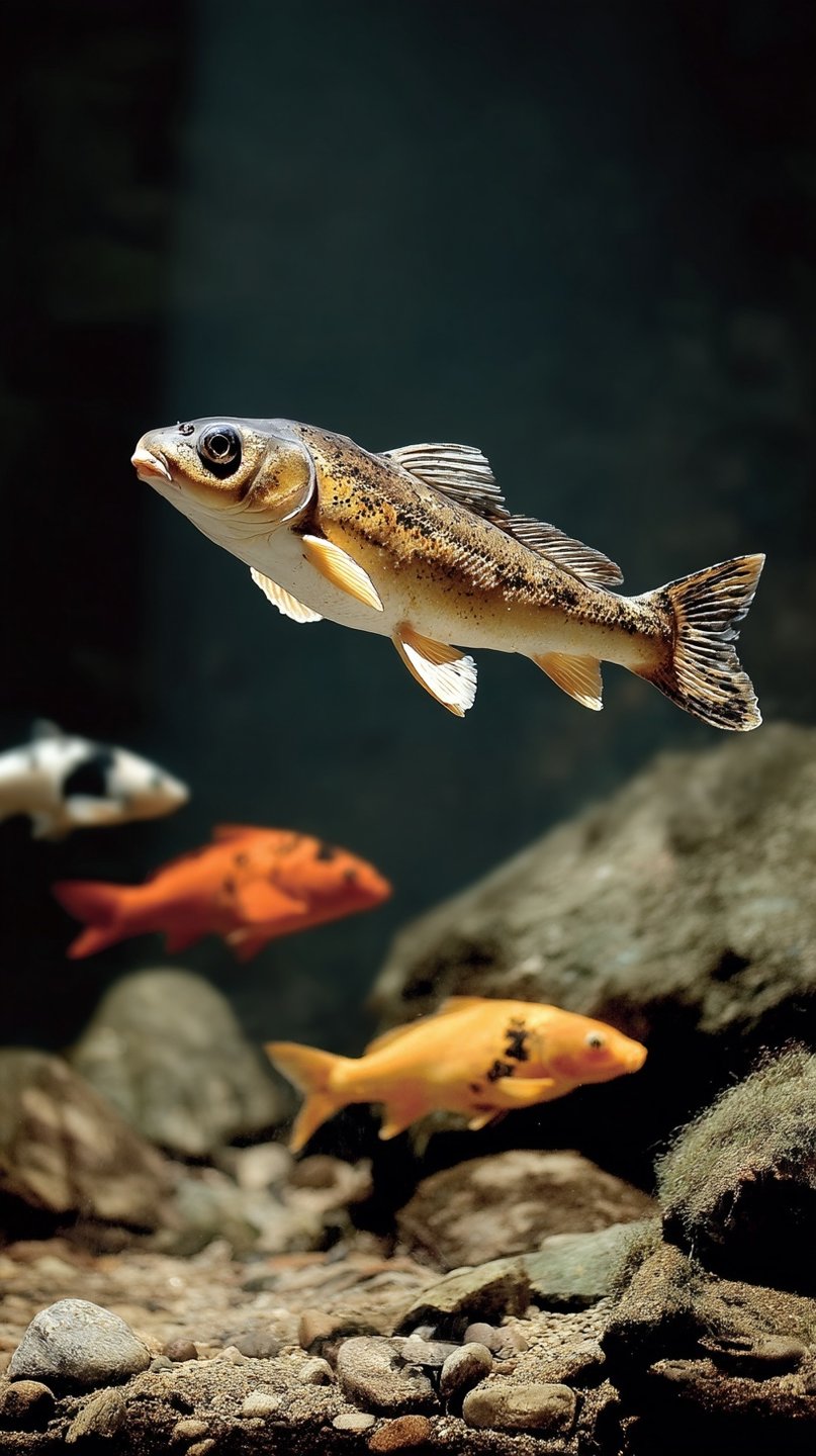 Speckled koi fish swims in a rocky pond with blurred orange and yellow fish in the background.