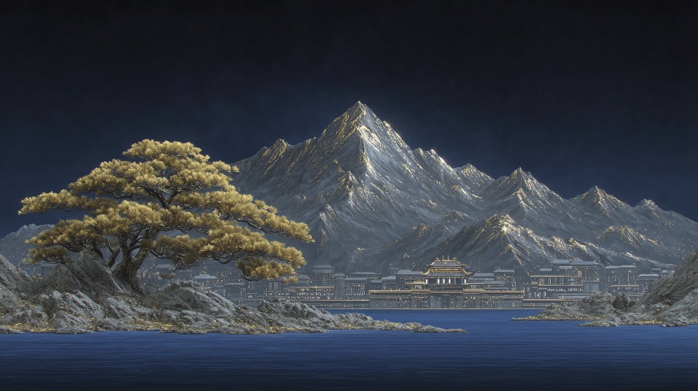 Golden pine tree frames majestic gold-veined mountains and illuminated imperial palace across calm blue water under night sky.