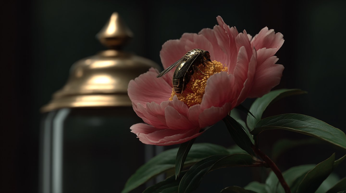 A golden metallic bee rests on a soft pink peony flower against a dark, moody background.