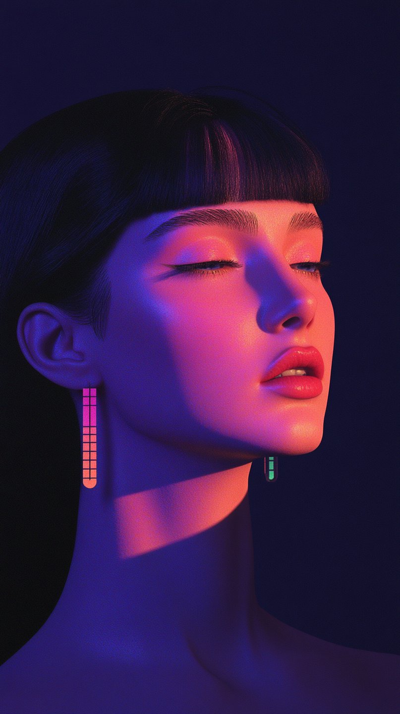 Close-up portrait of a woman with blunt bangs under vibrant pink and blue neon split lighting.