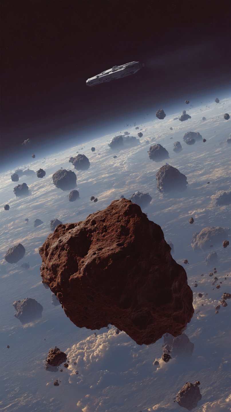 Large reddish asteroid floats in the foreground with a sleek spaceship cruising over a cloud-covered planet's horizon.