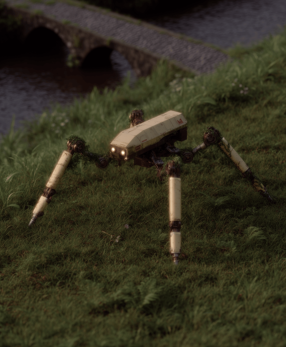 Weathered tan quadrupedal robot with glowing eyes stands on a grassy slope near a stone bridge.