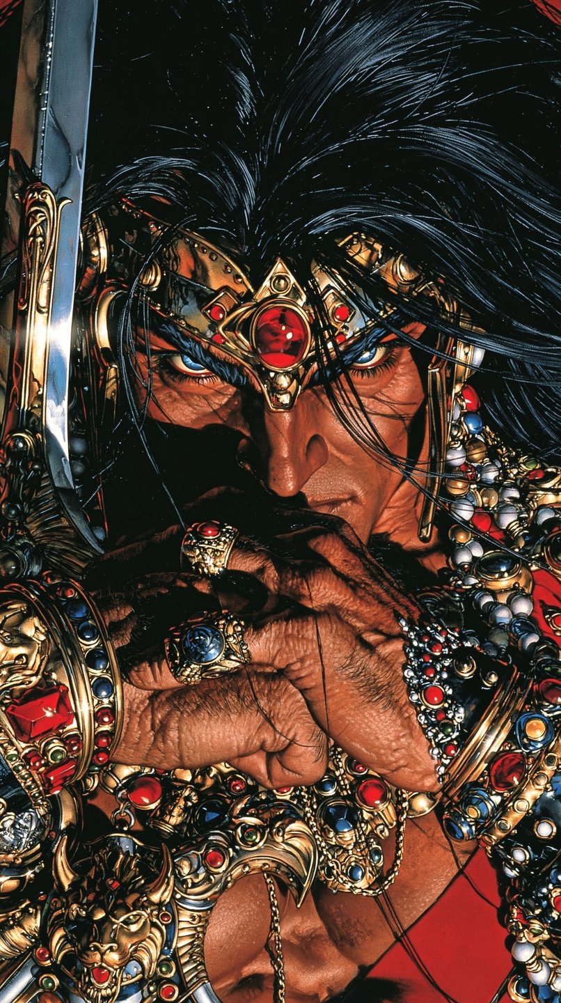Close-up of a fierce fantasy warrior with blue eyes, wearing ornate gold jewelry and holding a sword.