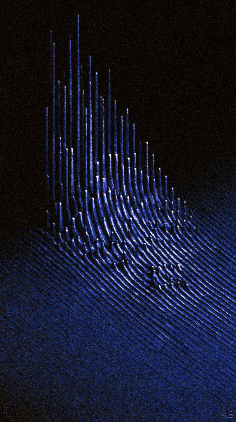 Glowing cobalt blue spikes rise vertically from a textured diagonal grid against a dark, grainy background.