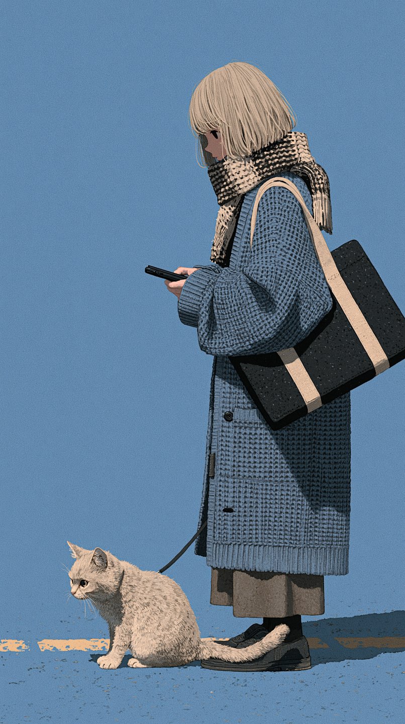 Blonde anime girl in a blue knit coat holds a phone while walking her cat on a leash.
