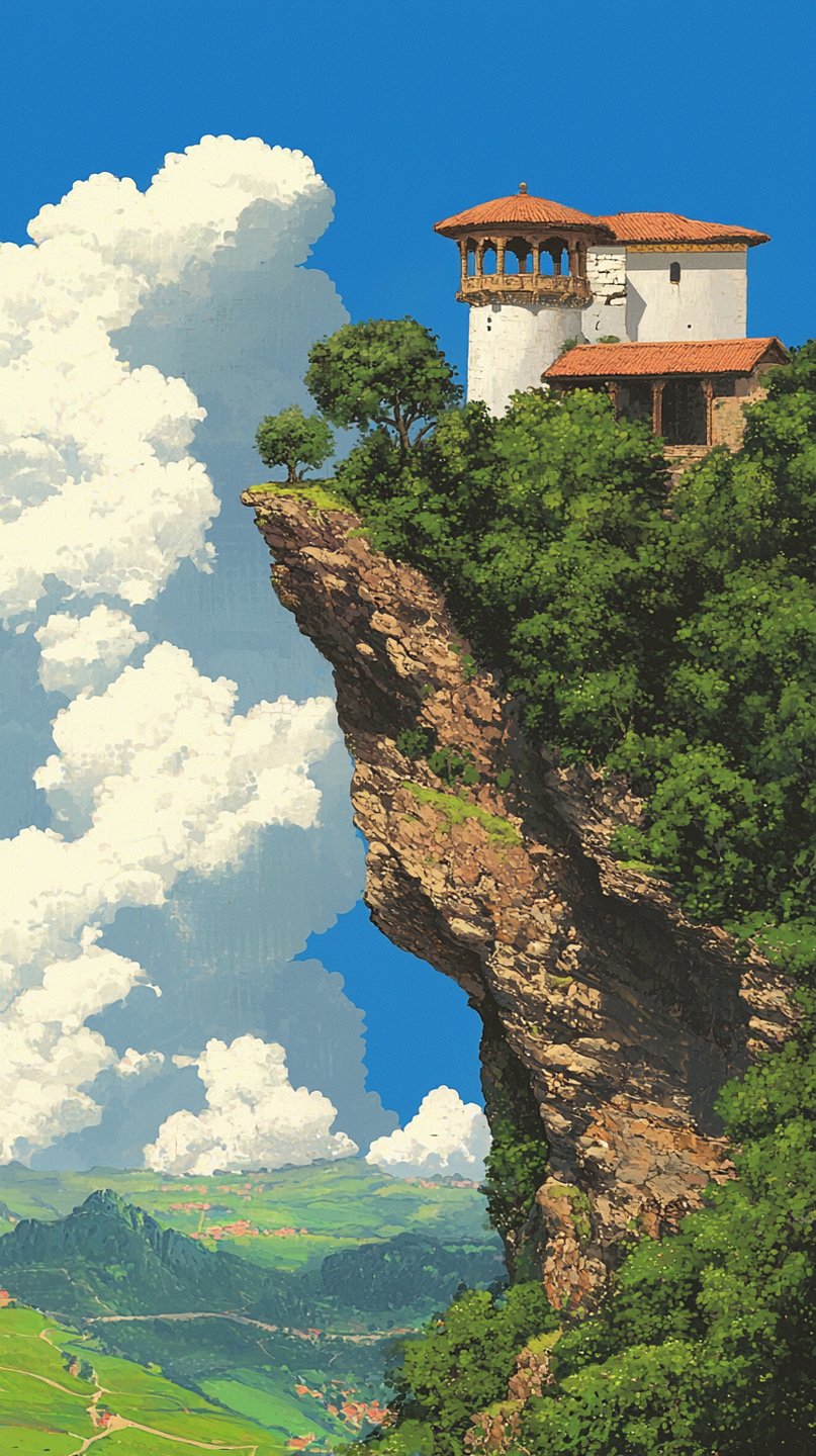 White villa with red roofs perched on a steep rocky cliff overlooking a lush green valley landscape.