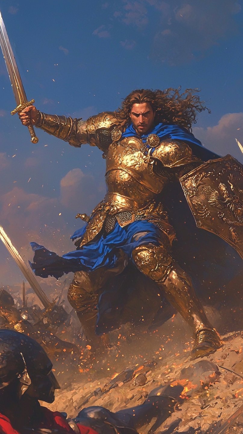 Warrior in ornate golden armor wielding a sword and shield amidst smoke and embers on a battlefield.