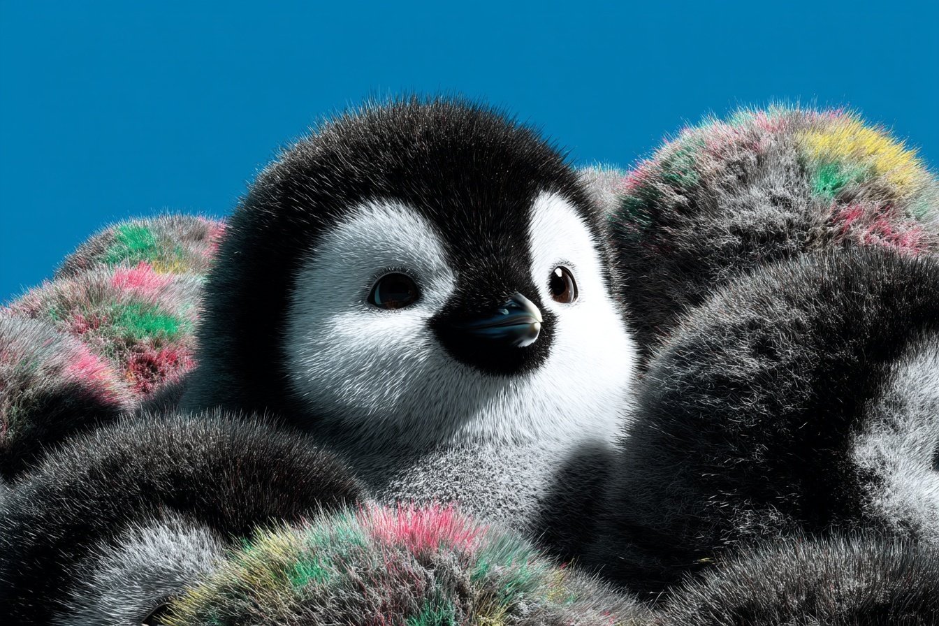 Close-up of a fluffy baby penguin chick nestled among vibrant, multi-colored fur mounds against a blue background.