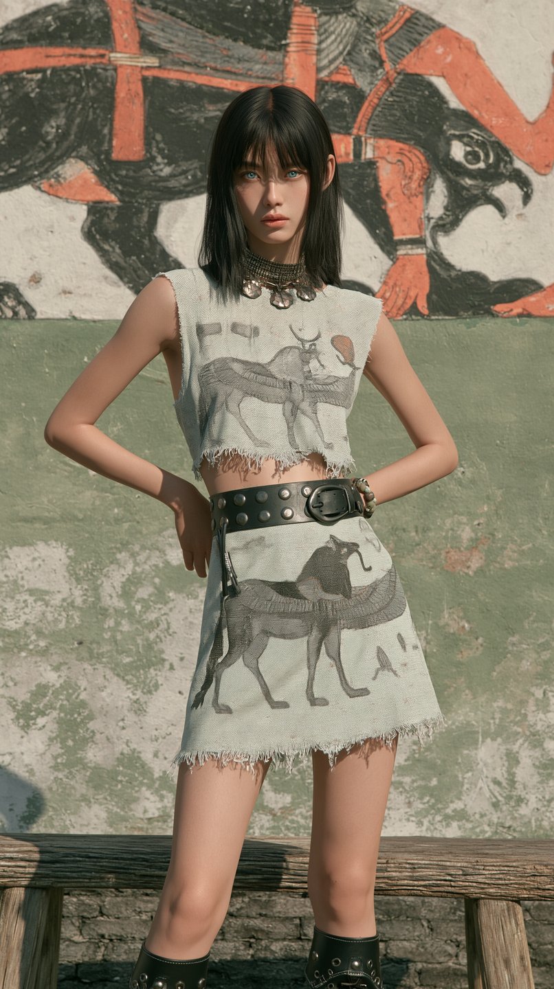 Young woman with blue eyes wearing an Egyptian-motif linen outfit stands before a weathered mural.