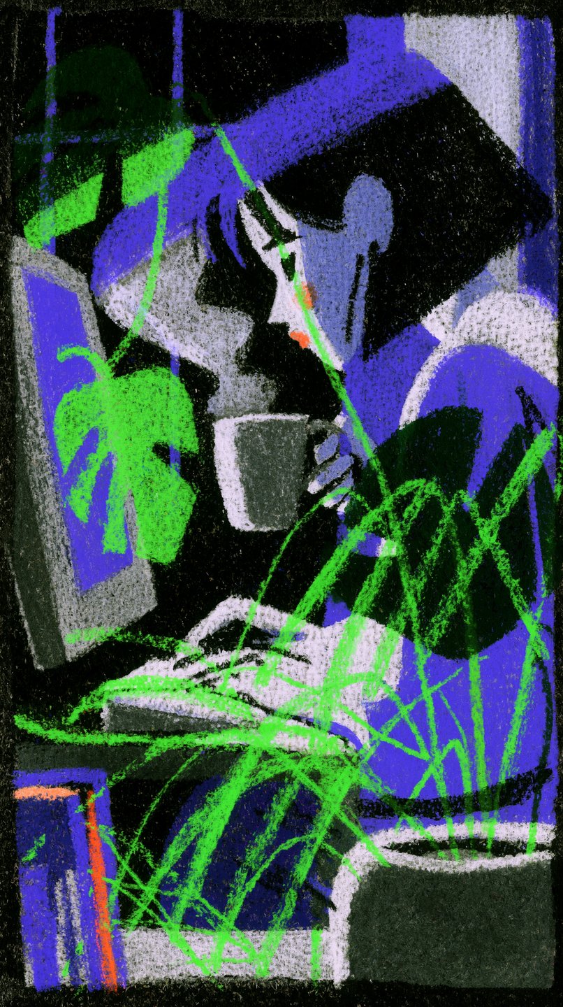 Stylized illustration of a young woman working on a computer at night, holding a steaming mug.