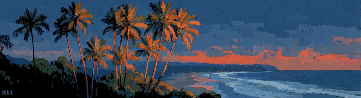 Impasto digital painting of palm trees at sunset overlooking a curved beach with blue ocean waves.