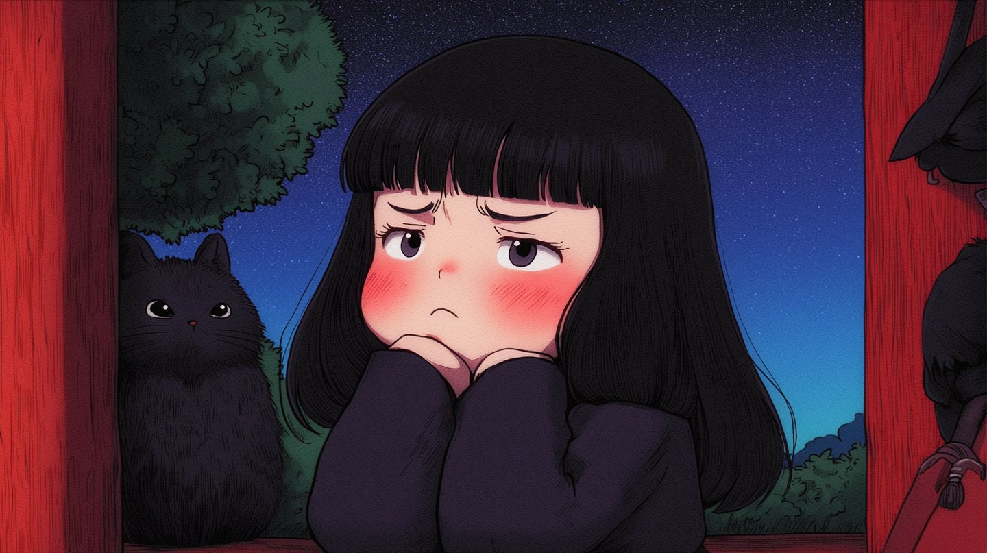 Pensive young girl with black bangs and rosy cheeks rests her chin beside a black cat.