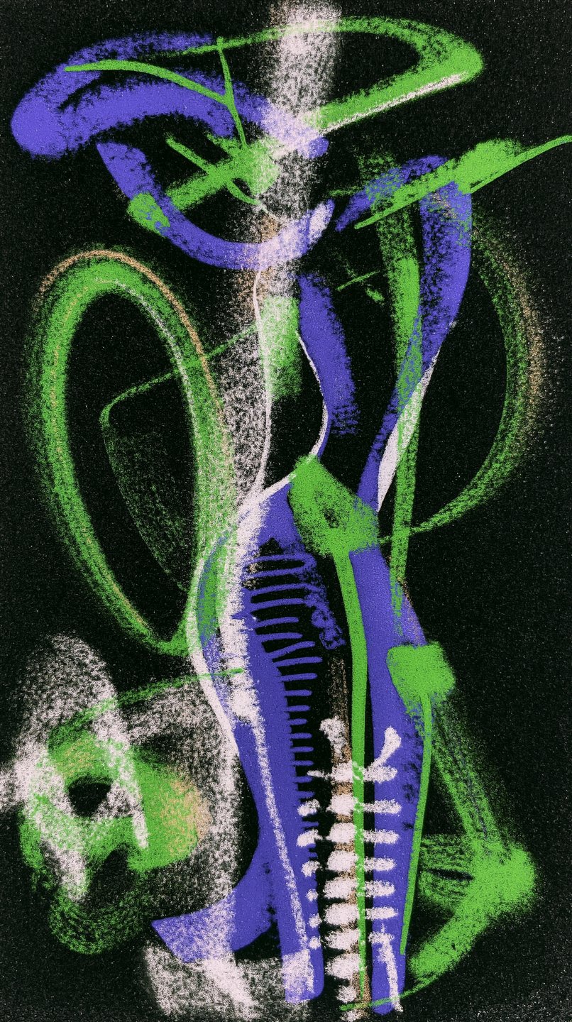 Abstract gestural chalk drawing with vibrant green and purple loops on a heavily textured black background.