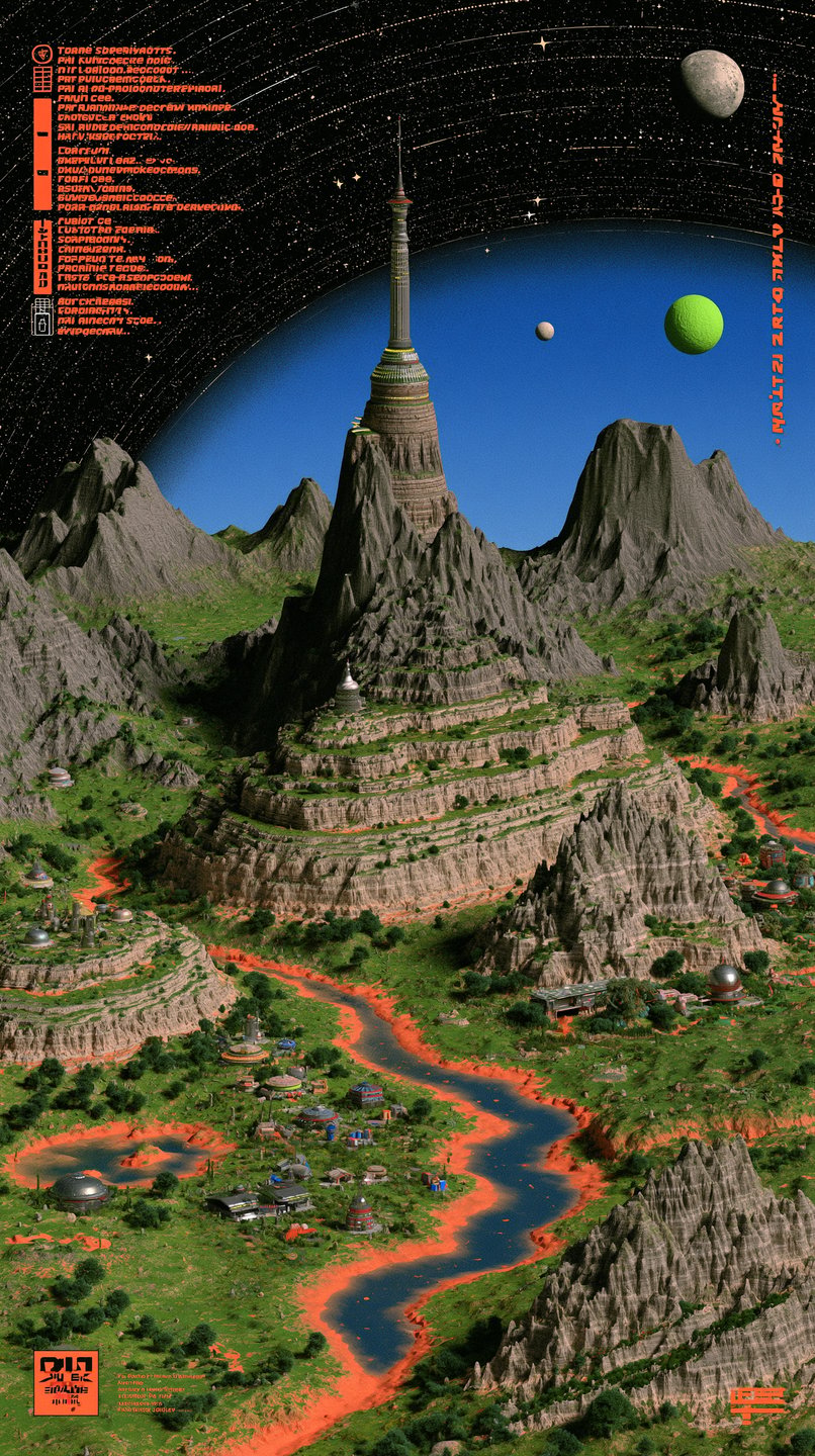 Retro sci-fi landscape with a towering mountain spire, winding blue river, and planets in a starry sky.