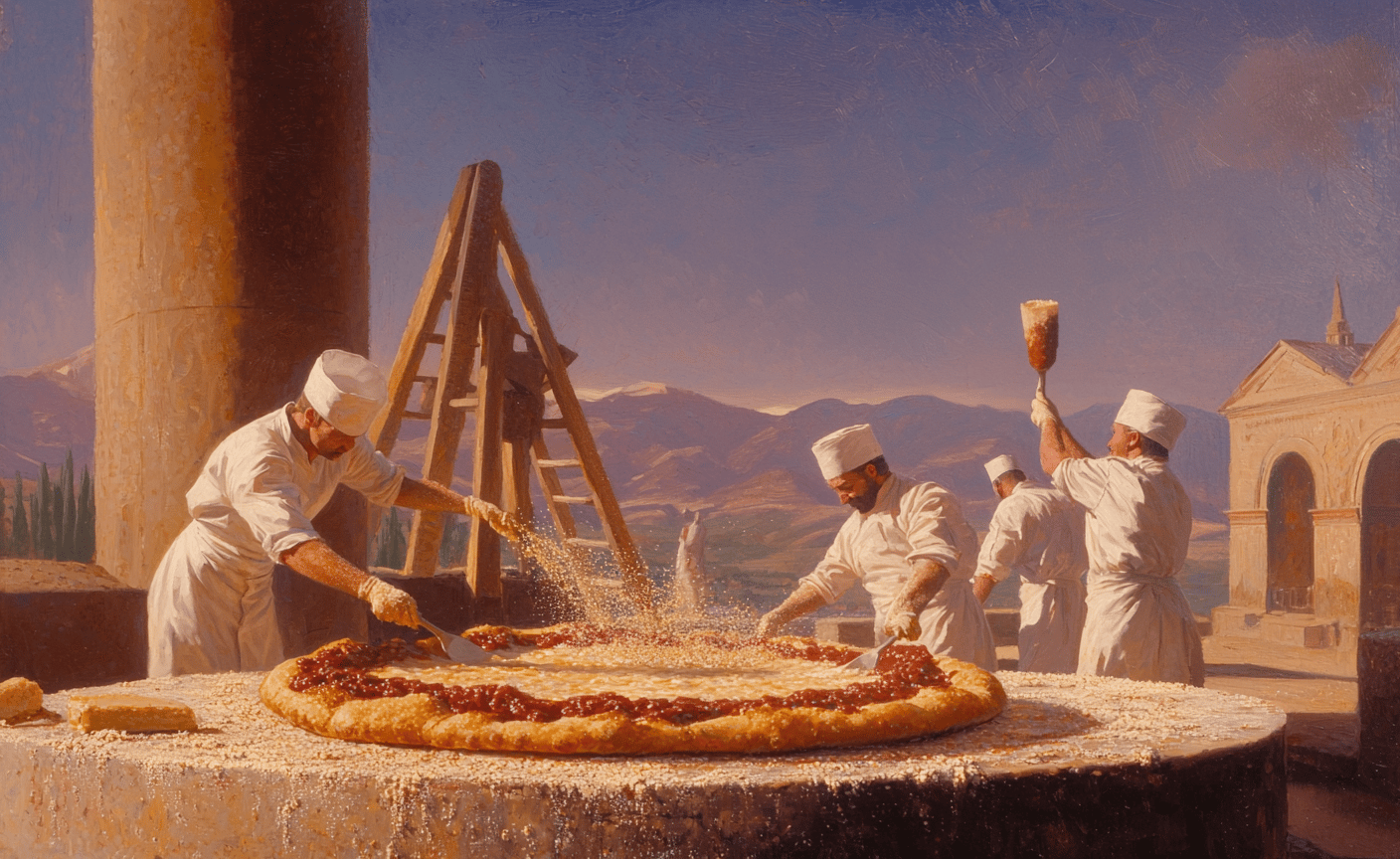 Chefs in white uniforms prepare a giant pizza on a stone pedestal amidst classical architectural ruins.
