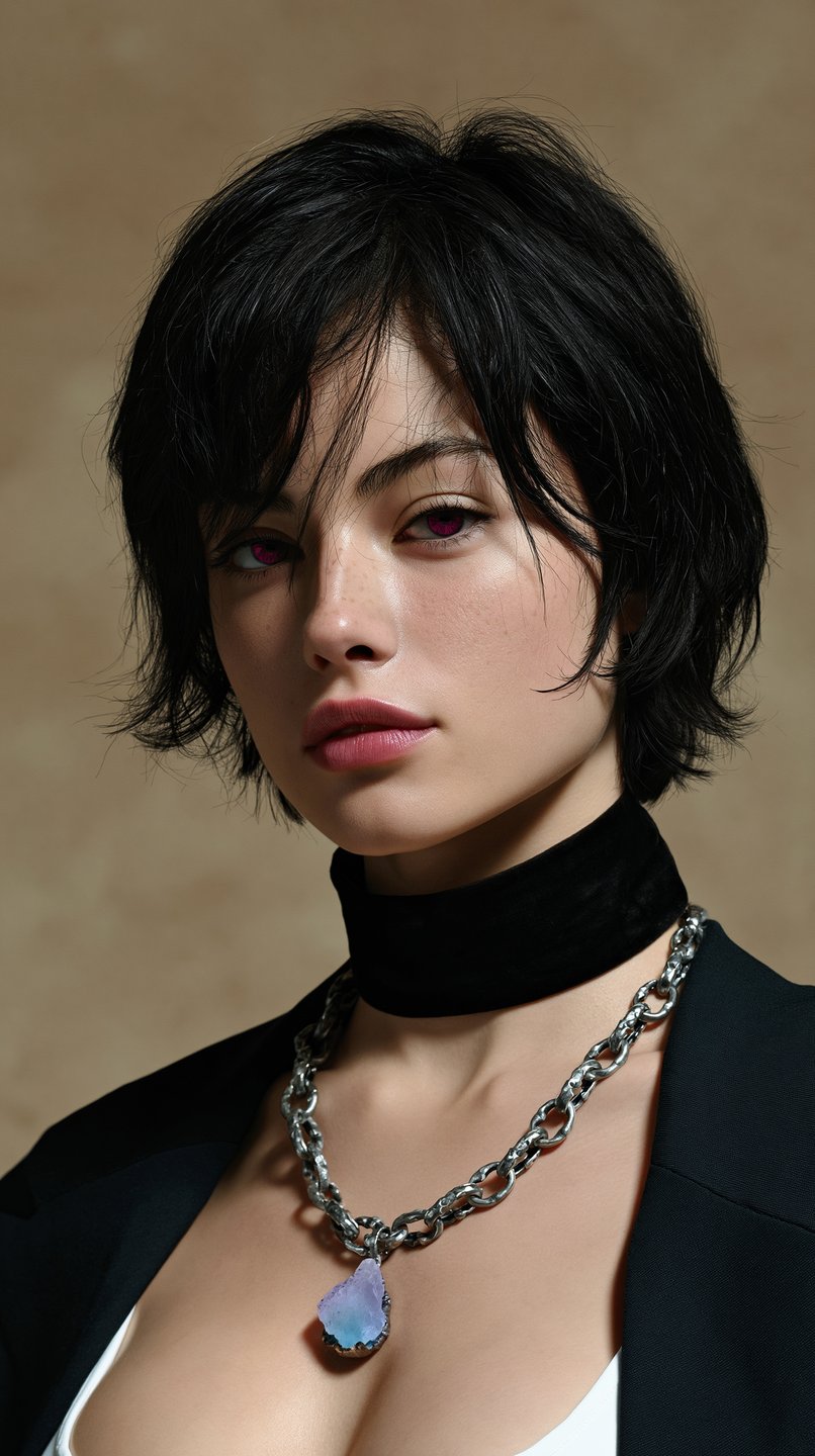 Young woman with magenta eyes, short dark hair, velvet choker, and a large crystal pendant necklace.