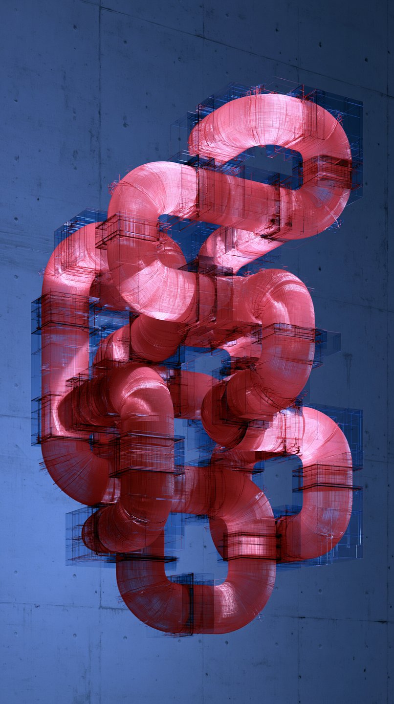 A translucent red coiled pipe structure encased in blue wireframe boxes against a blue concrete wall.