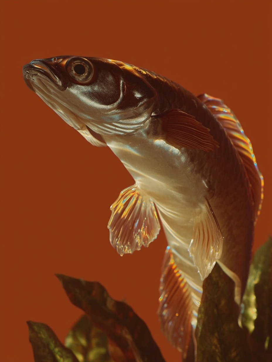 A snakehead fish swims upward against a solid orange background, its translucent fins catching prismatic light.