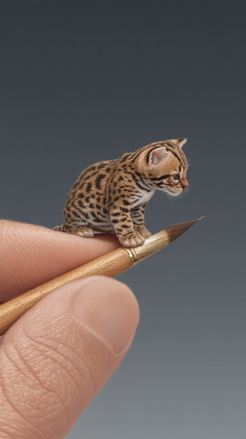 Miniature spotted kitten balancing on a human finger and wooden paintbrush handle against a grey studio background.