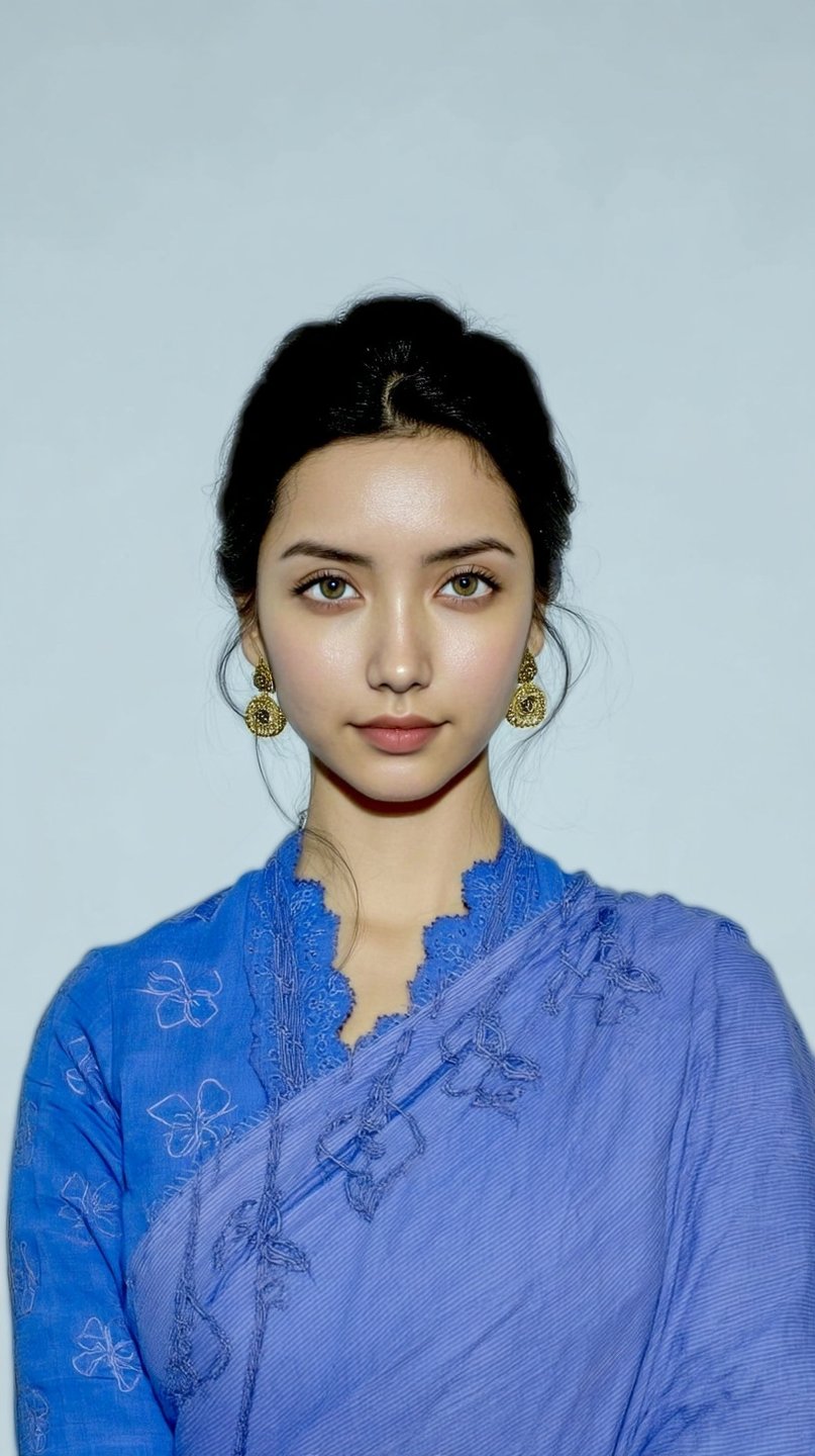 Young woman with hazel eyes wearing a periwinkle blue embroidered saree and gold filigree earrings against grey.