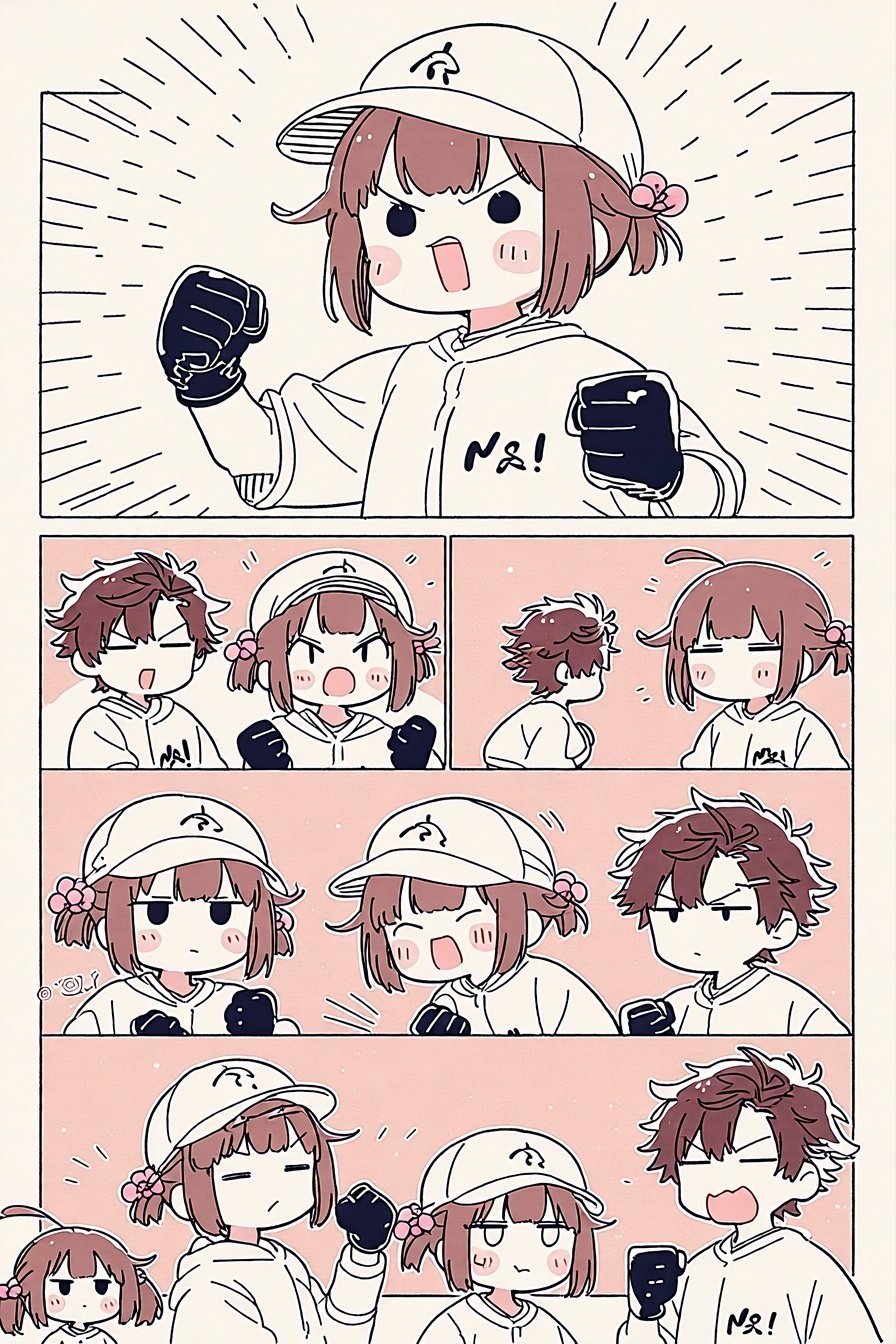 Sequential manga panels showing a chibi girl in a baseball cap making determined and happy expressions.