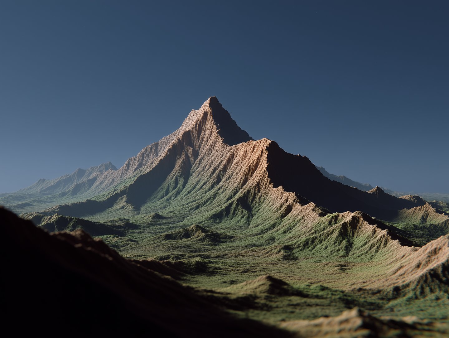 A sharp, moss-covered mountain peak stands prominently against a clear dark blue sky under dramatic low-angle lighting.