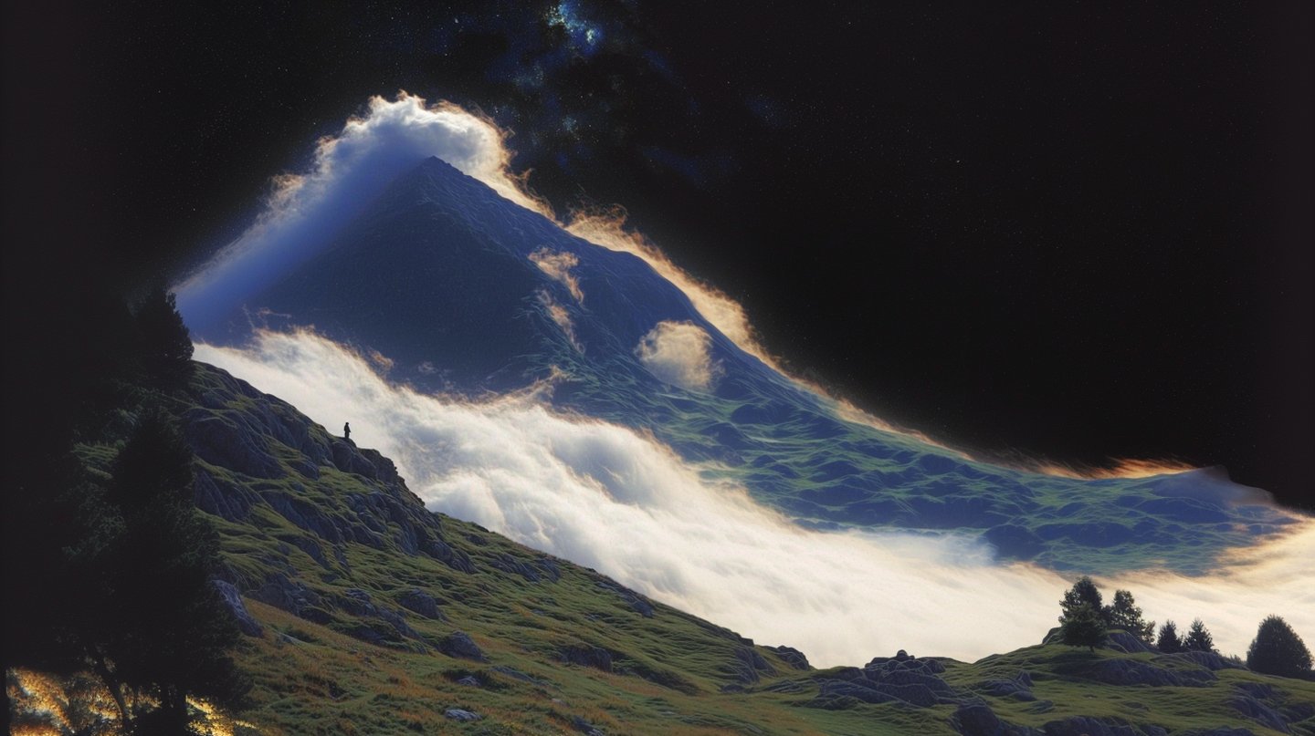 Lone silhouette stands on a grassy ridge overlooking a glowing mountain peak amidst ethereal clouds and stars.