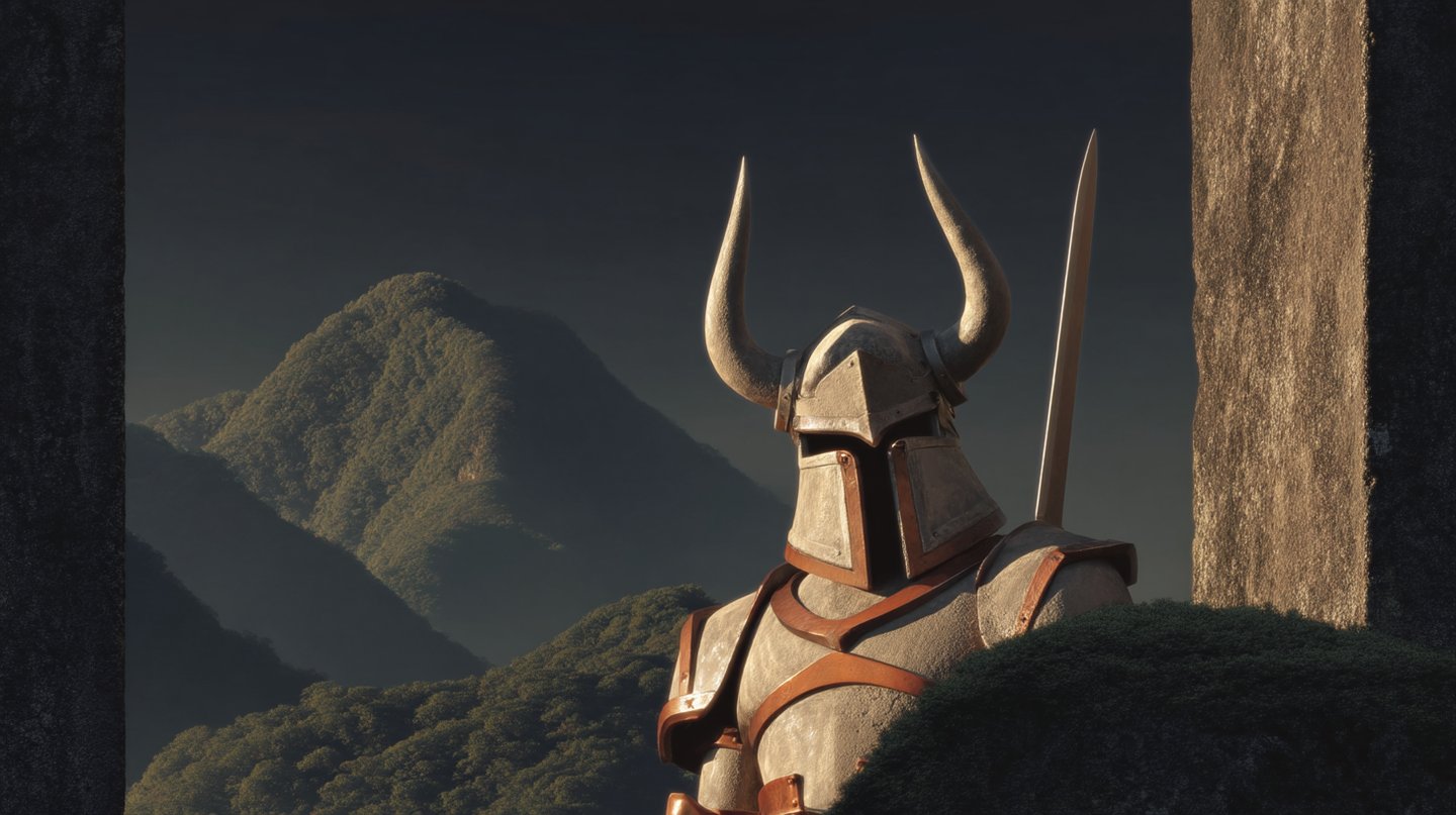 A horned knight in textured armor stands framed by stone pillars against a backdrop of misty mountains.