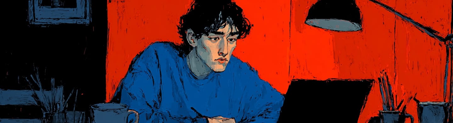 Young man with dark hair in a blue sweater focuses on a laptop against a vibrant red wall.
