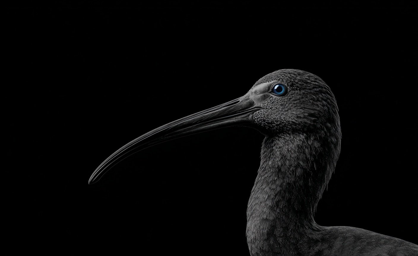Profile of a black ibis with a long curved beak and bright blue eye against black background.
