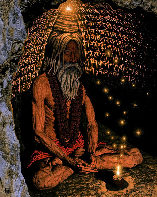 An elderly sadhu meditates in a dark cave before a stone wall carved with glowing Sanskrit characters.