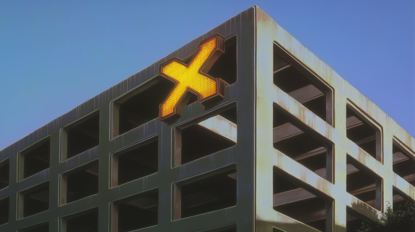 Brutalist concrete building featuring a glowing yellow X sign on its corner under a clear blue sky.