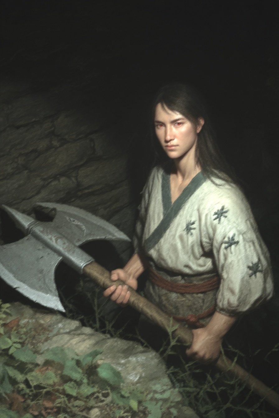 Young woman with red eyes and long dark hair holds a large double-headed axe in a dark dungeon.