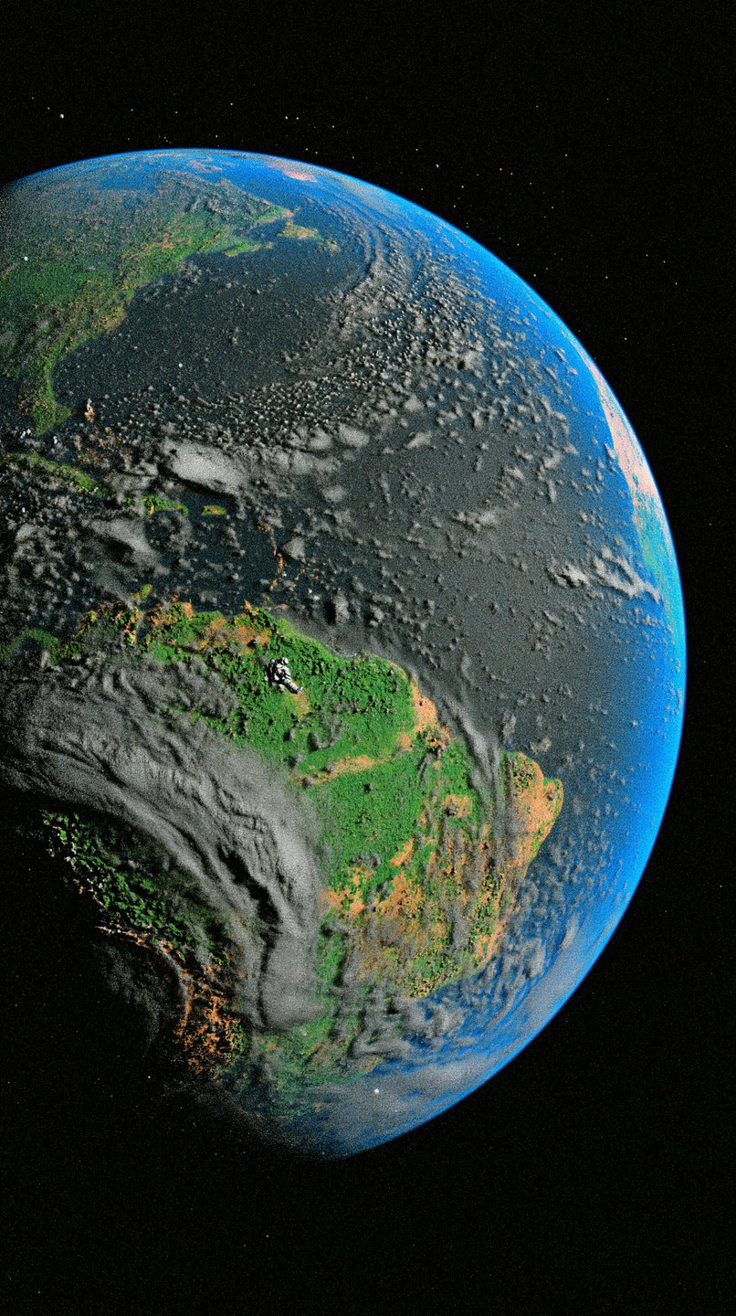 Detailed orbital view of planet Earth with green continents and swirling white clouds against black space.